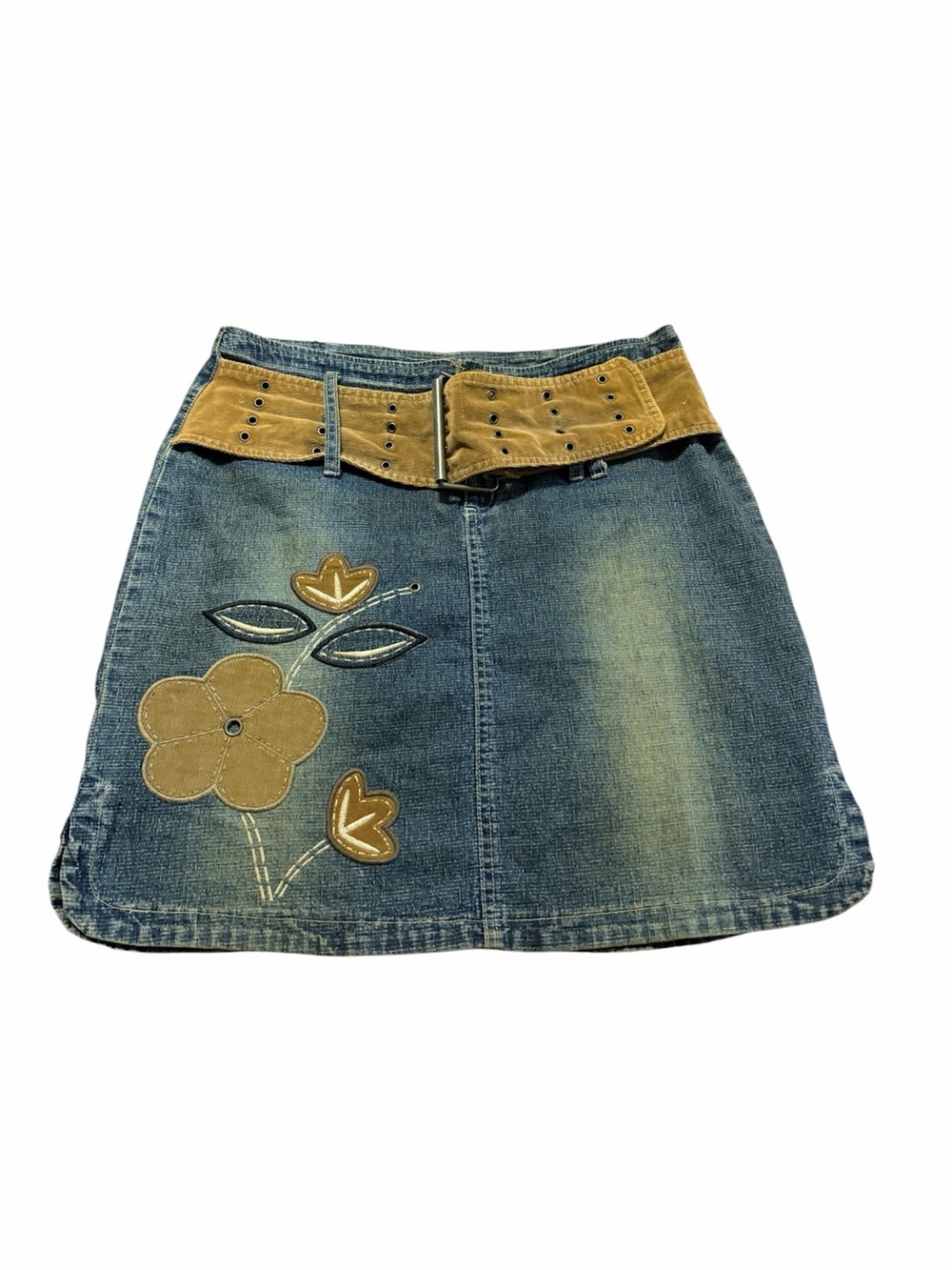 Denim Degree Y2K Vintage Flower Denim Mini Skirt Sz 9 Suede Belt 2000s